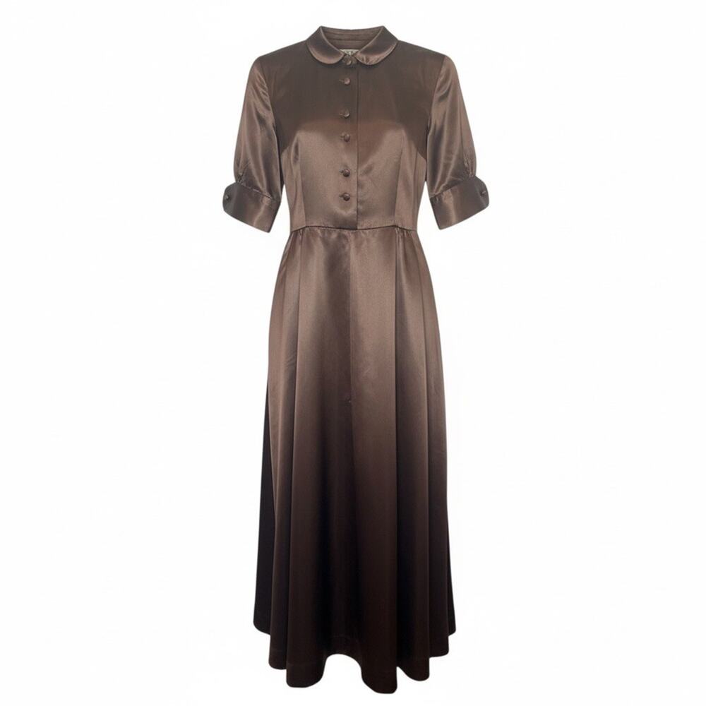 June Bentley Vintage Satin Shirtdress Chocolate Brown Collared Retro 70s M
